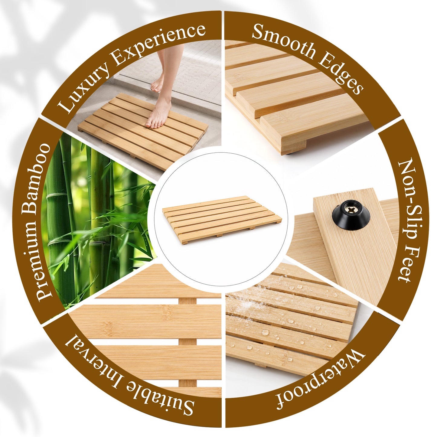 punada Bamboo Bath Mat, Non-Slip Waterproof Wooden Shower Mat for Bathroom, Bathtub, Sauna and Outdoor Use, Quick Dry Bamboo Floor Mat, 21.26 x 14.17 inch