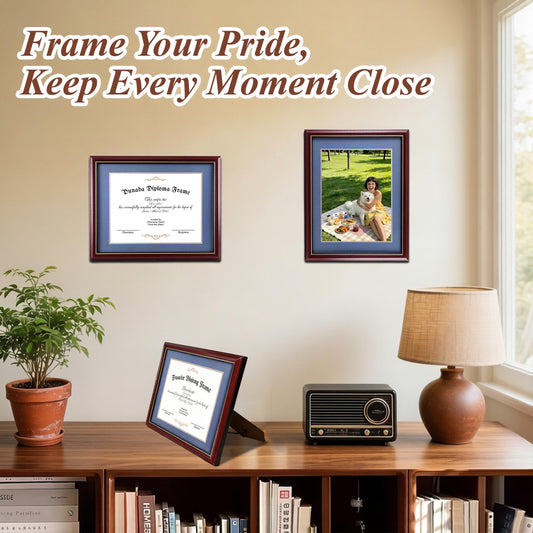 punada Diploma Frame 8.5x11 with Blue Over Gold Mat or 11x14 without Mat, Certificate Degree, Wood Grain with Gold Trim, Graduation Gift