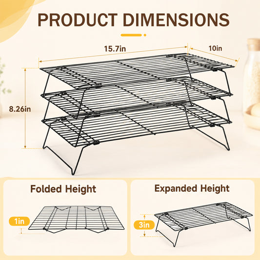 punada 3 Tier Stackable Cooling Racks for Cooking and Baking, 15" x 10" Carbon Steel Wire Baking Rack, Cookie Cooling Rack with Leg for Bacon Pizza Cake, Dishwasher Safe