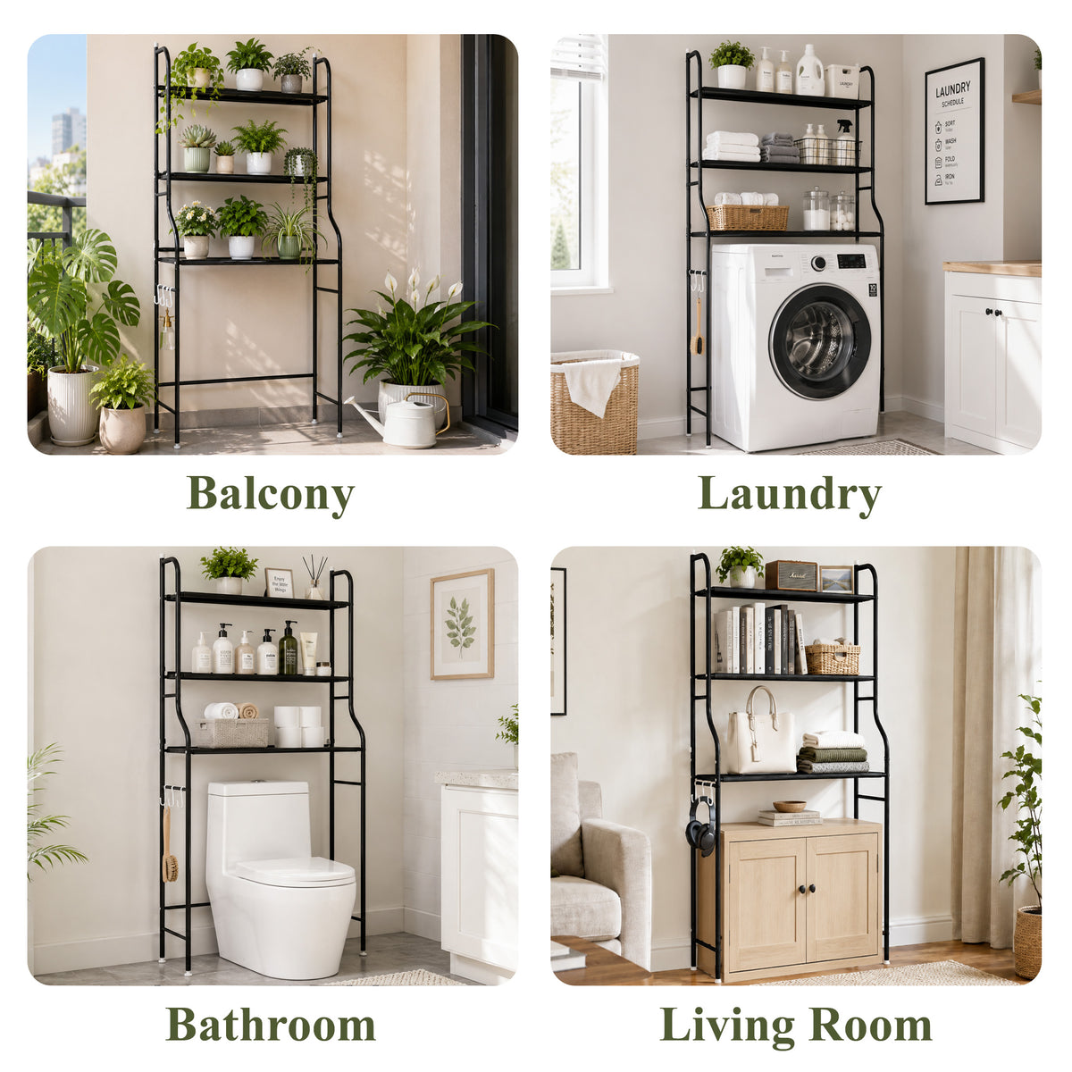 punada Bathroom Over The Toilet Storage Rack, 3-Tier Metal Bathroom Organizer Shelf Above Toilet with 3 Hooks, Freestanding Shelf Space Saver for Bathroom, Black, 59.84" H