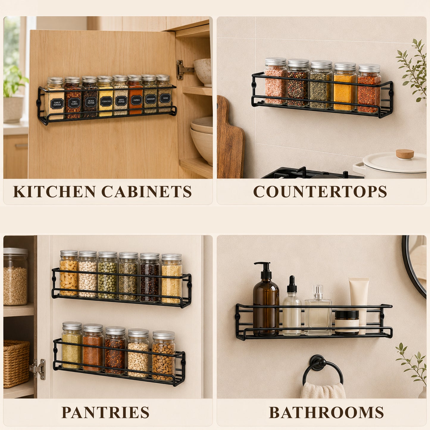 punada 4 Pack Wall Mounted Spice Rack, Space Saving Organizer for Kitchen Cabinet & Pantry Door, Screw or Adhesive Mount for Spice Jars, 11.41 x 2.55 x 2.55 in