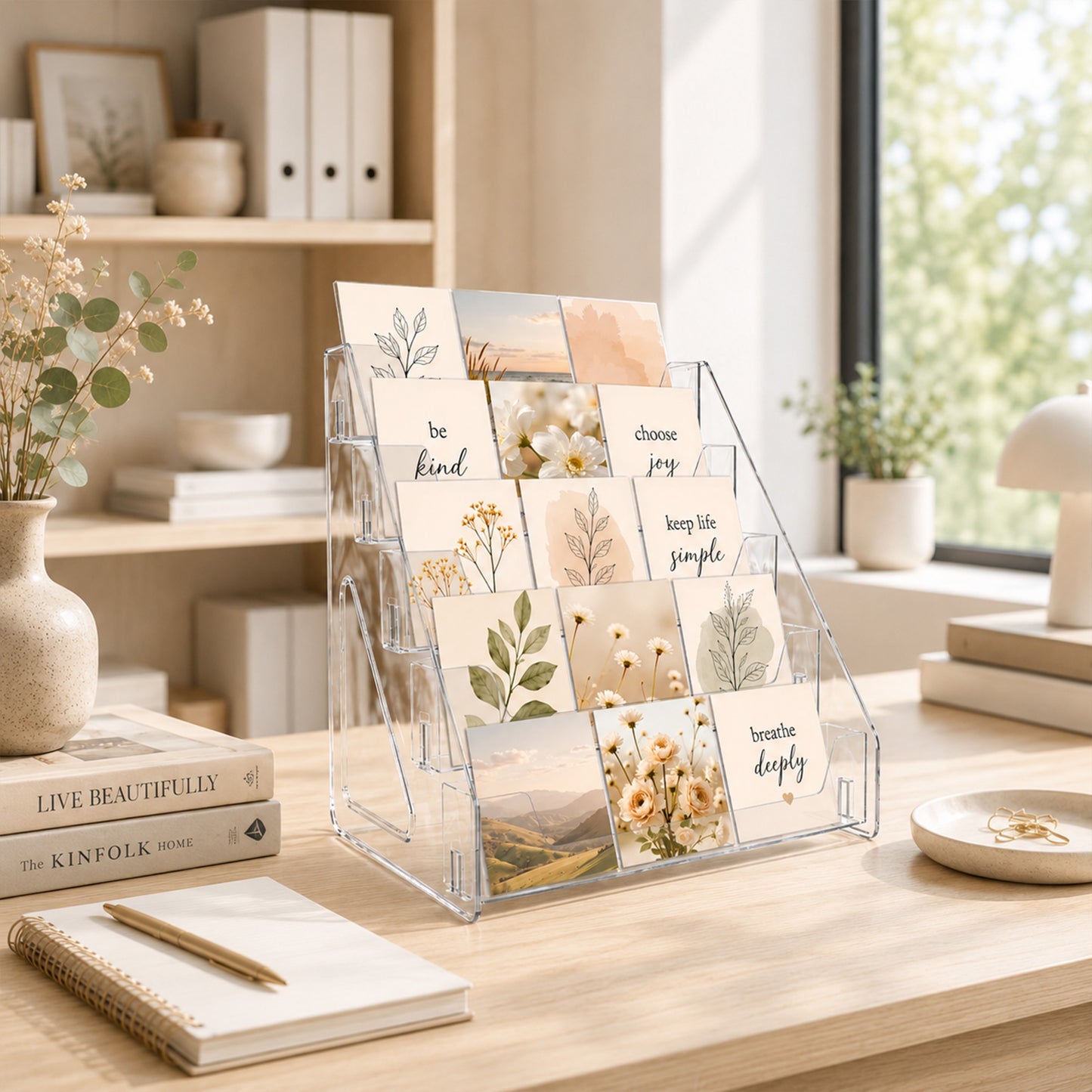 punada 5 Tier Card Display Stand, Clear Vertical Holder for Sports Cards, Greeting Cards, Postcards, Stickers and Brochures, Easy Snap-On Assembly
