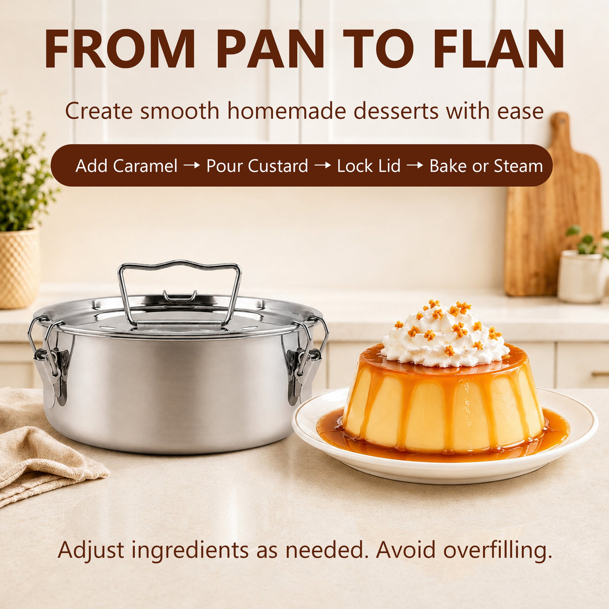 punada Stainless Steel Flan Mold, 304 Flanera Flan Pan with Lid and Handle, 1.5 QT Round Flan Molds for Baking Cheesecake Flan Pudding, Compatible with Pot 6QT/8QT