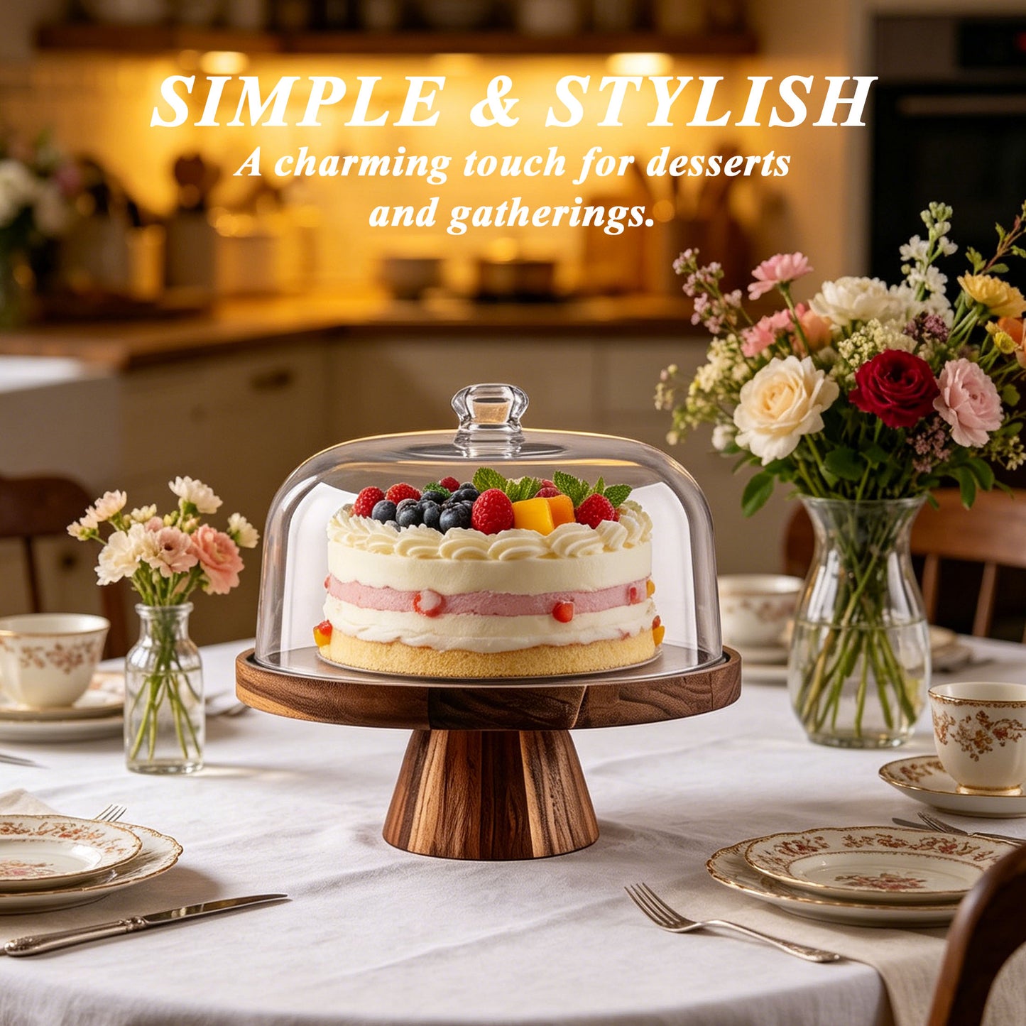 punada Acacia Wood Cake Stand with Lid, 11" Round Cake Stand with Acrylic Dome, 2-in-1 Dessert Display for Cake, Cheese, Chips, Fruit & Snacks