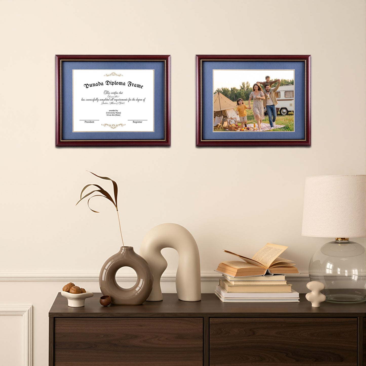 punada Diploma Frame 8.5x11 with Blue Over Gold Mat or 11x14 without Mat, Certificate Degree, Wood Grain with Gold Trim, Graduation Gift