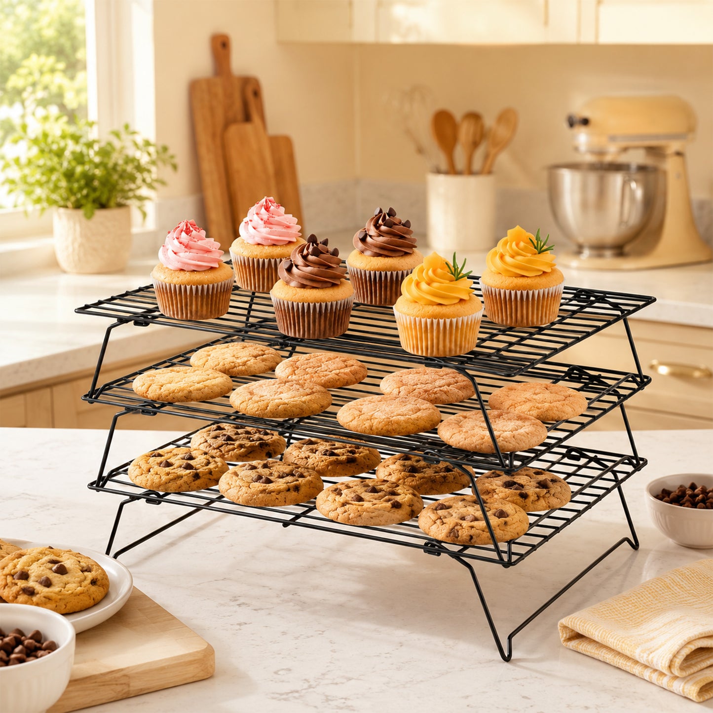punada 3 Tier Stackable Cooling Racks for Cooking and Baking, 15" x 10" Carbon Steel Wire Baking Rack, Cookie Cooling Rack with Leg for Bacon Pizza Cake, Dishwasher Safe