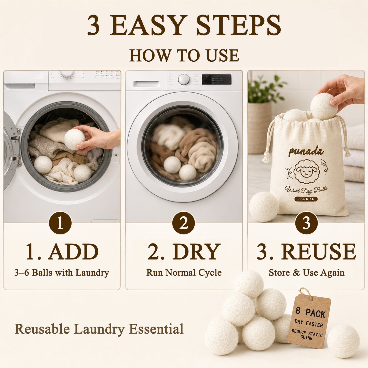punada XL Wool Dryer Balls 8 Pack, Reusable Laundry Dryer Balls, Reduce Static & Wrinkles, Natural Fabric Softener, Faster Drying for Clothes Towels Bedding