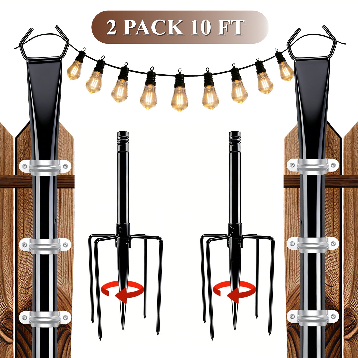 punada 2 Pack 10 ft String Light Poles with Fork Base and Fence Mounting Brackets, Outdoor Metal Light Poles for Outside String Lights, Light Pole Stand for Patio, Deck, Backyard, Garden, Wedding