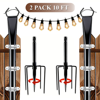 punada 2 Pack 10 ft String Light Poles with Fork Base and Fence Mounting Brackets, Outdoor Metal Light Poles for Outside String Lights, Light Pole Stand for Patio, Deck, Backyard, Garden, Wedding
