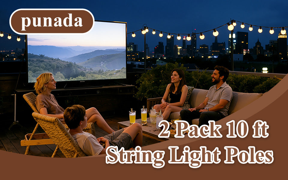 punada 2 Pack 10 ft String Light Poles with Fork Base and Fence Mounting Brackets, Outdoor Metal Light Poles for Outside String Lights, Light Pole Stand for Patio, Deck, Backyard, Garden, Wedding