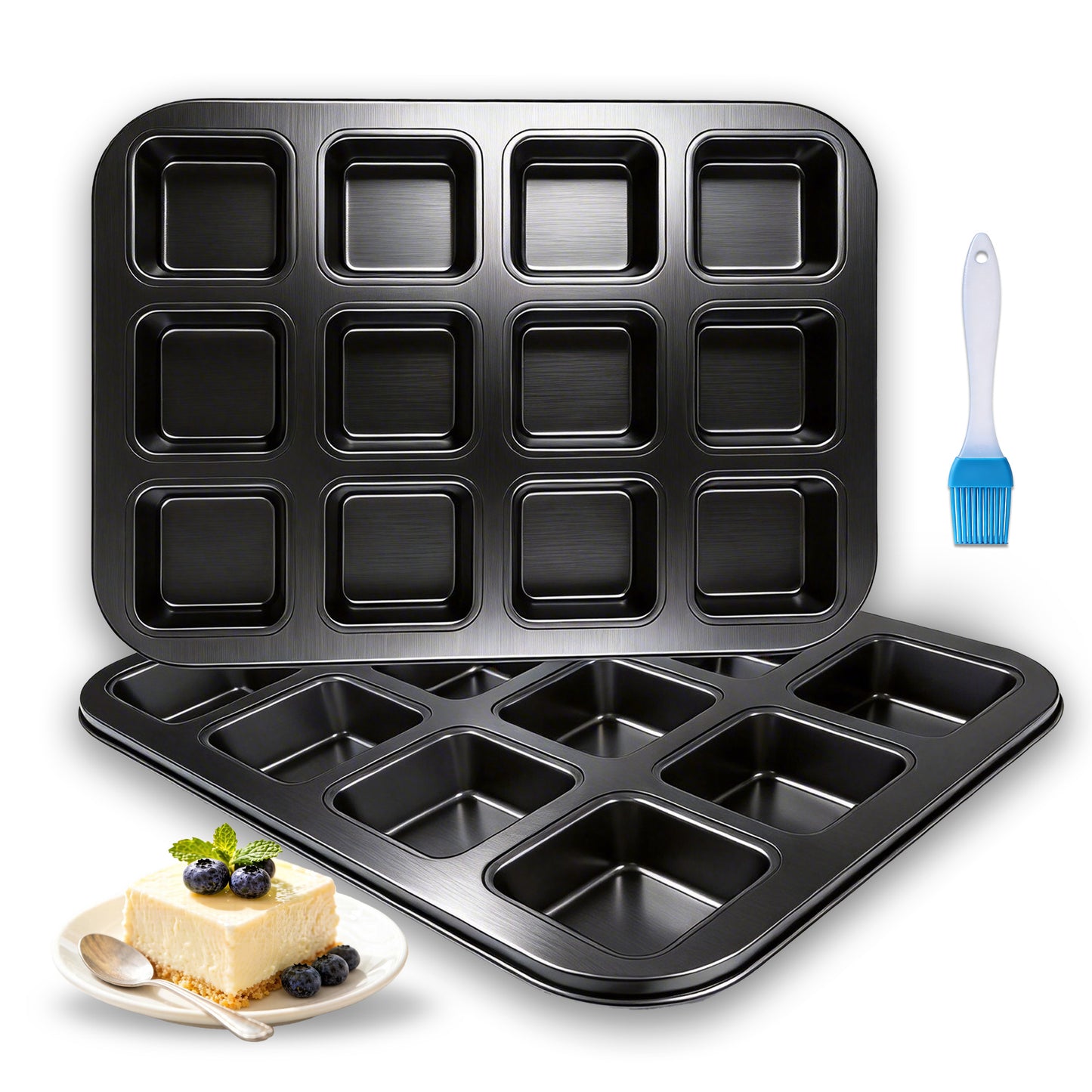 punada Brownie Pan with Dividers, 2 Pack 12-Cavity Nonstick Carbon Steel Square Muffin Pan, All Edges Design Baking Tray for Crispy Corner Brownies, Cupcakes and Cookies