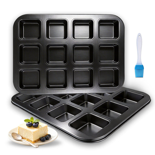 punada Brownie Pan with Dividers, 2 Pack 12-Cavity Nonstick Carbon Steel Square Muffin Pan, All Edges Design Baking Tray for Crispy Corner Brownies, Cupcakes and Cookies