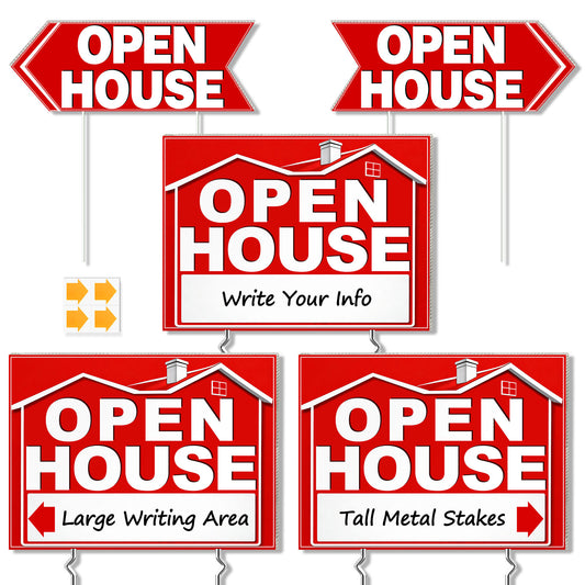 punada Open House Signs for Real Estate, 3 Pcs 17 x 13 inch and 2 Pcs 17 x 6 Inch Double-Sided Waterproof Open House Signs with Metal Stakes and Arrow Stickers for Realtor Sales