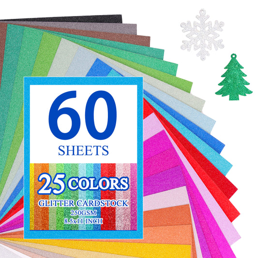 punada 60 Sheets 8.5" X 11" Glitter Cardstock Paper, 25 Colors 250GSM Glitter Cardstocks, No-Shed Sparkly Glitter Paper for Arts & Crafts, Decorative, Scrapbooks, Card Making and DIY Projects