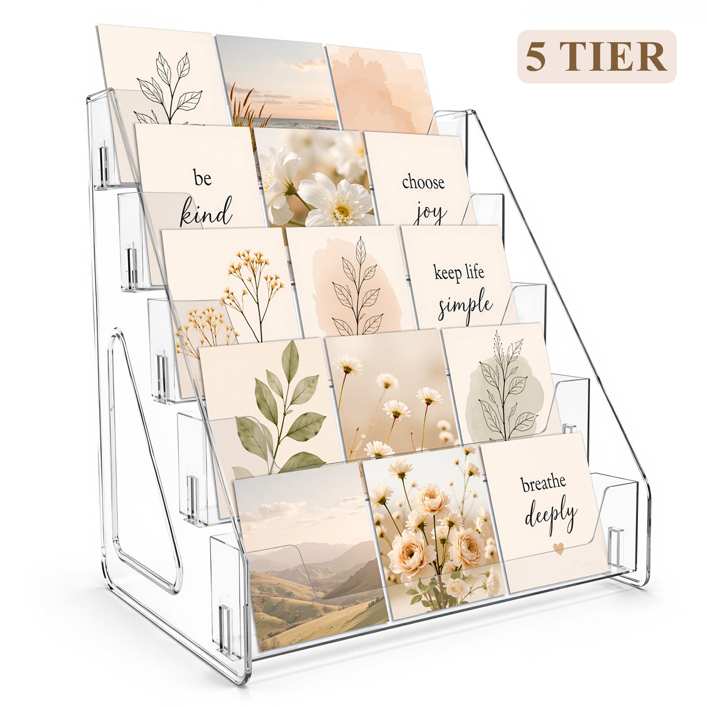 punada 5 Tier Card Display Stand, Clear Vertical Holder for Sports Cards, Greeting Cards, Postcards, Stickers and Brochures, Easy Snap-On Assembly