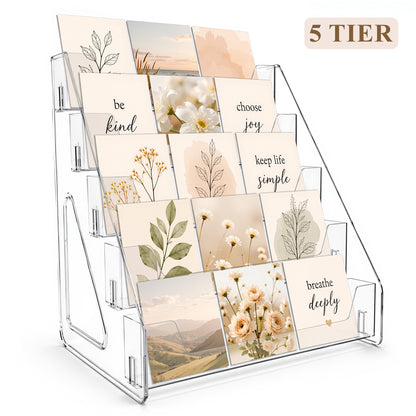 punada 5 Tier Card Display Stand, Clear Vertical Holder for Sports Cards, Greeting Cards, Postcards, Stickers and Brochures, Easy Snap-On Assembly