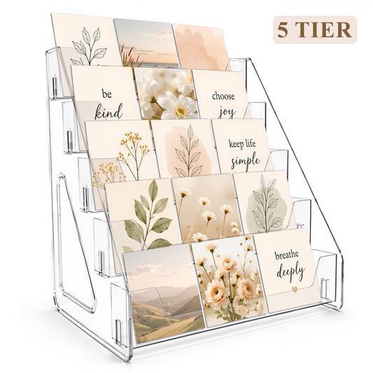 punada 5 Tier Card Display Stand, Clear Vertical Holder for Sports Cards, Greeting Cards, Postcards, Stickers and Brochures, Easy Snap-On Assembly