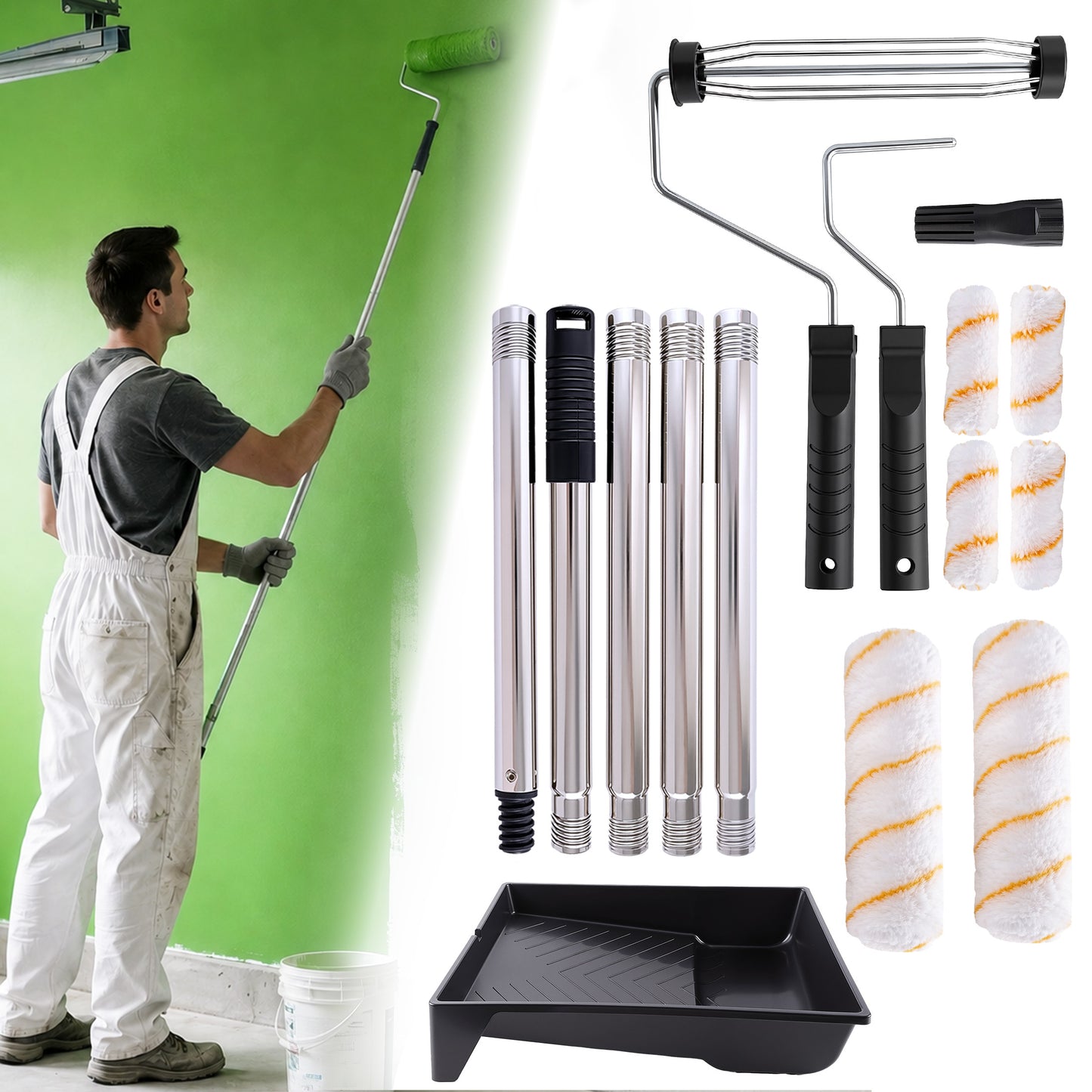 punada 5 FT Paint Roller Kit with Extension Pole, 9 Inch Paint Roller with Tray, 4 Inch Small Paint Roller, 4 FT Stainless Steel Pole, 10 Piece Painting Tool Set Suitable for House & Wall Painting