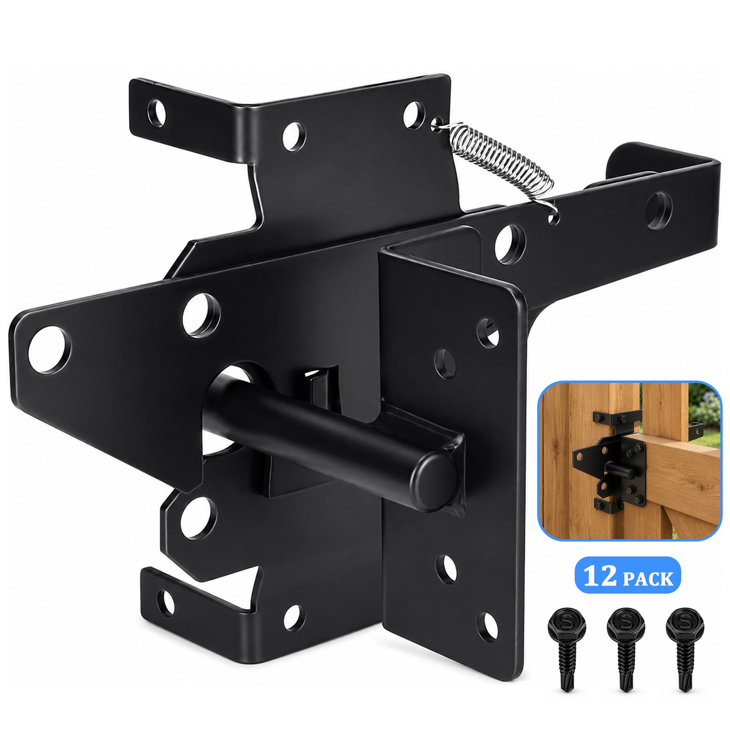 punada Gate Latch for Wooden Fence, Heavy Duty Self Locking Gravity Gate Lock, Post Mount Hardware for Wood and Vinyl Fence, Pool Yard Garden, Black