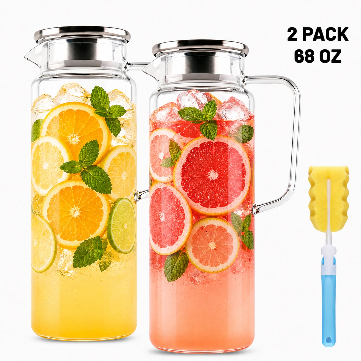 punada 2 Pack 2 Liter 68 oz Glass Pitchers with Lid and Spout, Glass Water Carafe for Hot & Cold Drinks, Large Jug for Iced Tea, Coffee, Juice, Milk, Beverage