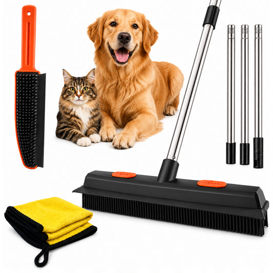 punada Carpet Rake for Pet Hair Removal, Rubber Broom with Squeegee and Microfiber Cloth, 50” Long Handle Floor Brush Cleaner for Dog Cat Fur on Carpet, Rug, Mats, Hardwood Floor