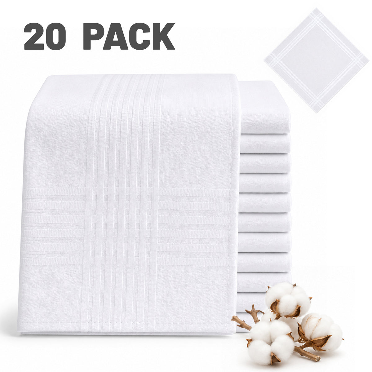 punada 20 pack White Handkerchiefs for Men, Soft Cotton Classic Mens Hankies, Reusable Pocket Handkerchiefs for Daily Use, 16x16 inch Suit Pocket Mens Handkerchiefs Cotton