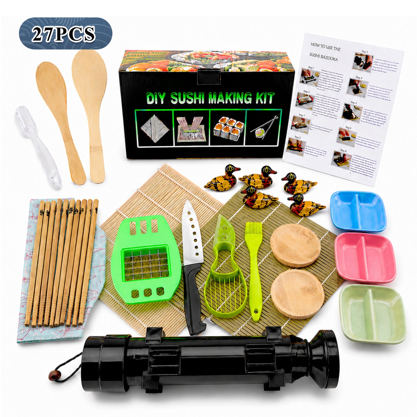 punada 27 Pack Sushi Making Kit for Beginners, Sushi Bazooka Roller, Bamboo Mats, Nigiri Mold with Knife, Chopsticks and Guide Book