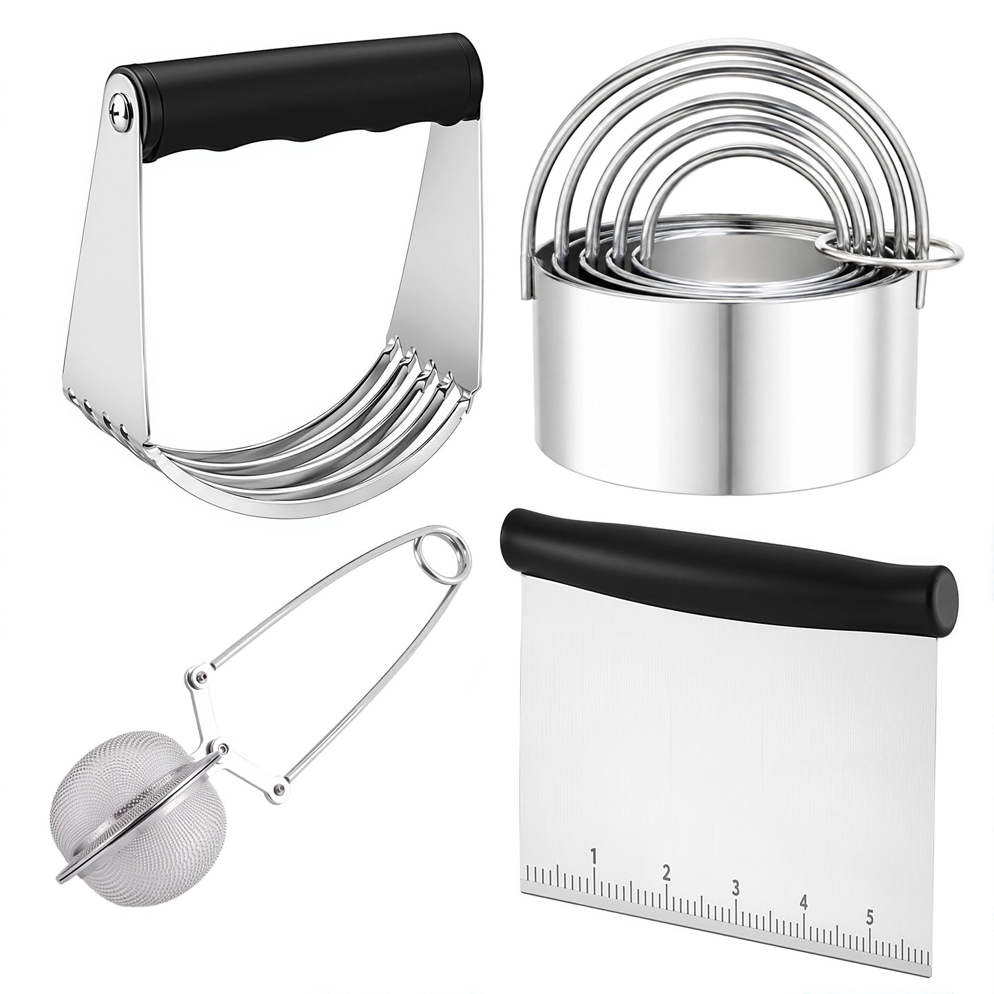 punada Stainless Steel Biscuit Cutter Set, Pastry Blender, Pastry Scraper, Round Cookie Cutters with Handle, Flour Sifter Ball for Baking, Pastry Cutter Set, Professional Baking Dough Tools (4 Pcs)