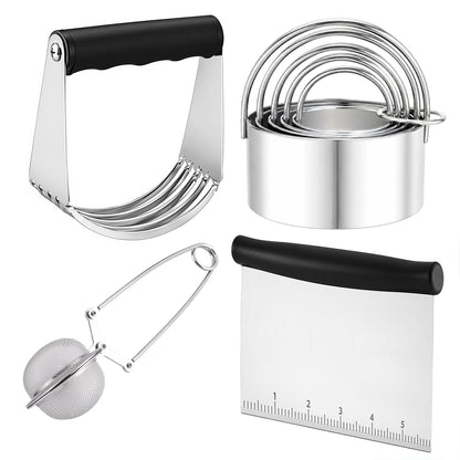 punada Stainless Steel Biscuit Cutter Set, Pastry Blender, Pastry Scraper, Round Cookie Cutters with Handle, Flour Sifter Ball for Baking, Pastry Cutter Set, Professional Baking Dough Tools (4 Pcs)