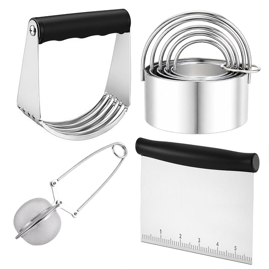 punada Stainless Steel Biscuit Cutter Set, Pastry Blender, Pastry Scraper, Round Cookie Cutters with Handle, Flour Sifter Ball for Baking, Pastry Cutter Set, Professional Baking Dough Tools (4 Pcs)