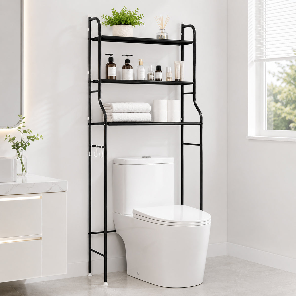 punada Bathroom Over The Toilet Storage Rack, 3-Tier Metal Bathroom Organizer Shelf Above Toilet with 3 Hooks, Freestanding Shelf Space Saver for Bathroom, Black, 59.84" H