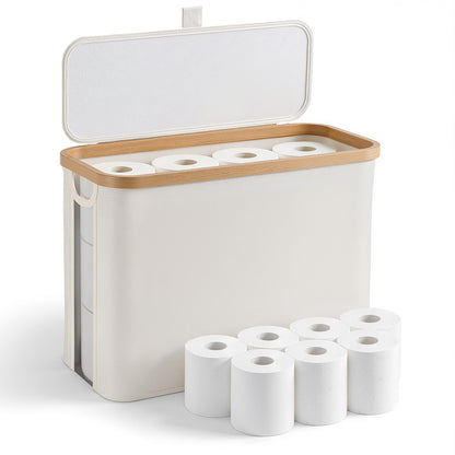 punada Toilet Paper Storage Basket with Lid, Bathroom Toilet Paper Organizer Holds up to 12 Regular Rolls or 9 Mega Rolls, Foldable Bathroom Storage Bin with Handle and Non-Slip Base, Beige