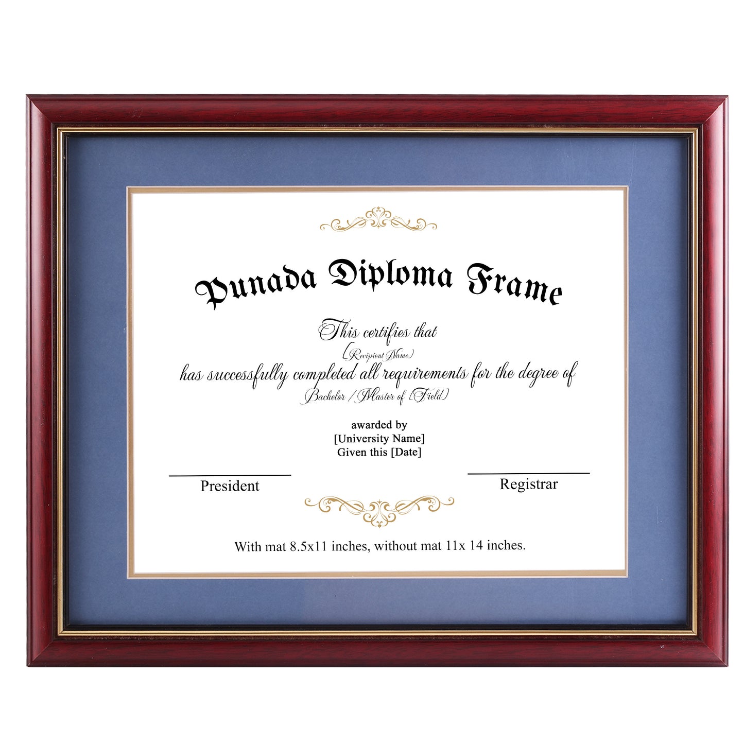 punada Diploma Frame 8.5x11 with Blue Over Gold Mat or 11x14 without Mat, Certificate Degree, Wood Grain with Gold Trim, Graduation Gift