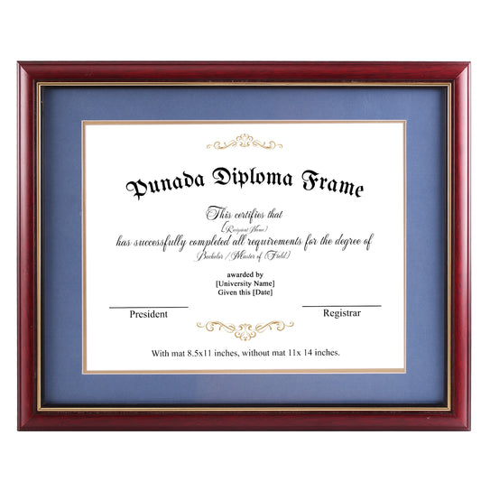 punada Diploma Frame 8.5x11 with Blue Over Gold Mat or 11x14 without Mat, Certificate Degree, Wood Grain with Gold Trim, Graduation Gift