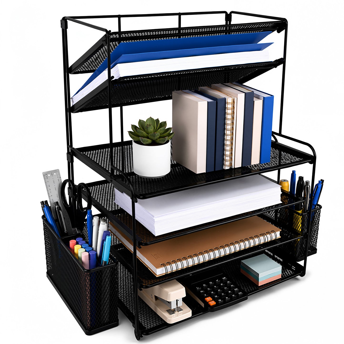 punada Desk Organizer with File Holder, 6 Tier Metal Desktop File Organizer with Pen Holders and Mesh Trays for Home, Office and Workspace