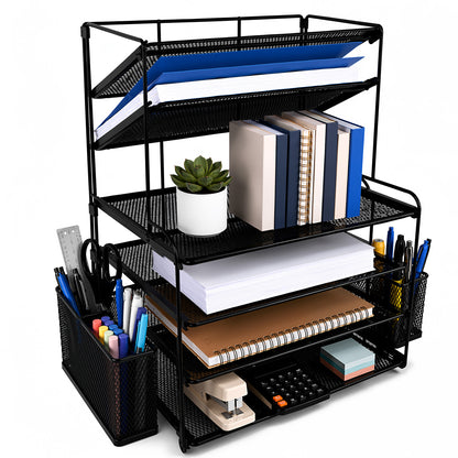 punada Desk Organizer with File Holder, 6 Tier Metal Desktop File Organizer with Pen Holders and Mesh Trays for Home, Office and Workspace