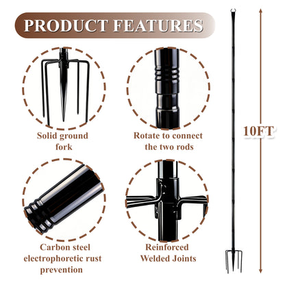 punada 2 Pack 10 ft String Light Poles with Fork Base and Fence Mounting Brackets, Outdoor Metal Light Poles for Outside String Lights, Light Pole Stand for Patio, Deck, Backyard, Garden, Wedding