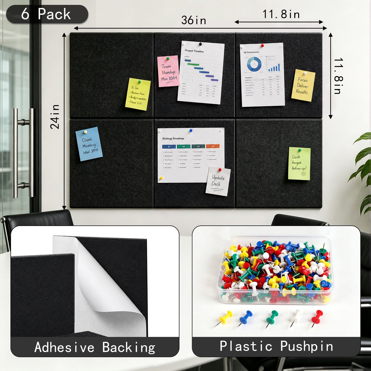 punada Cork Boards for Walls 6 Pack 36" x 24" Felt Bulletin Board Tiles with Adhesive Backing and Push Pins Cork Board Alternative for Home Office Pin Board for Notes Photos