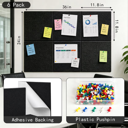 punada Cork Boards for Walls 6 Pack 36" x 24" Felt Bulletin Board Tiles with Adhesive Backing and Push Pins Cork Board Alternative for Home Office Pin Board for Notes Photos