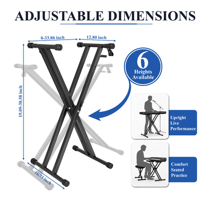 punada Keyboard Stand, Heavy Duty Double-X Piano Stand, Adjustable 6-Level Height, Foldable Steel Keyboard Stand with Safety Straps, Fits 54–88 Key Digital Keyboards & Electric Pianos