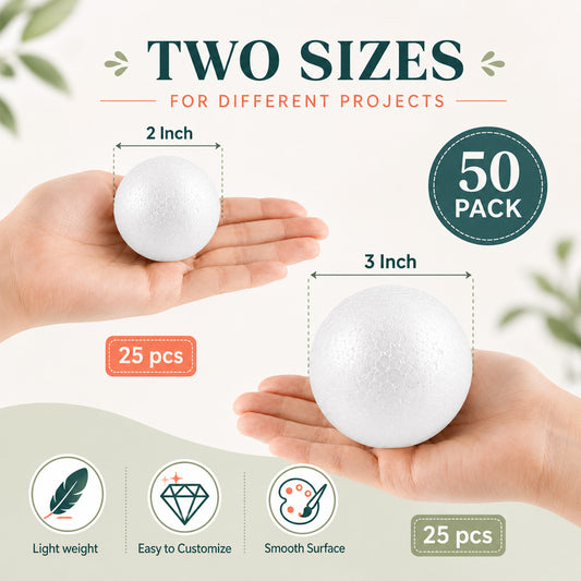 punada 50 Pack Foam Balls for Crafts, 2 Sizes White Polystyrene Foam Balls Smooth Round Balls for DIY Crafting, School Projects, Christmas Decorations,Modeling, Floral Arrangements and Ornaments