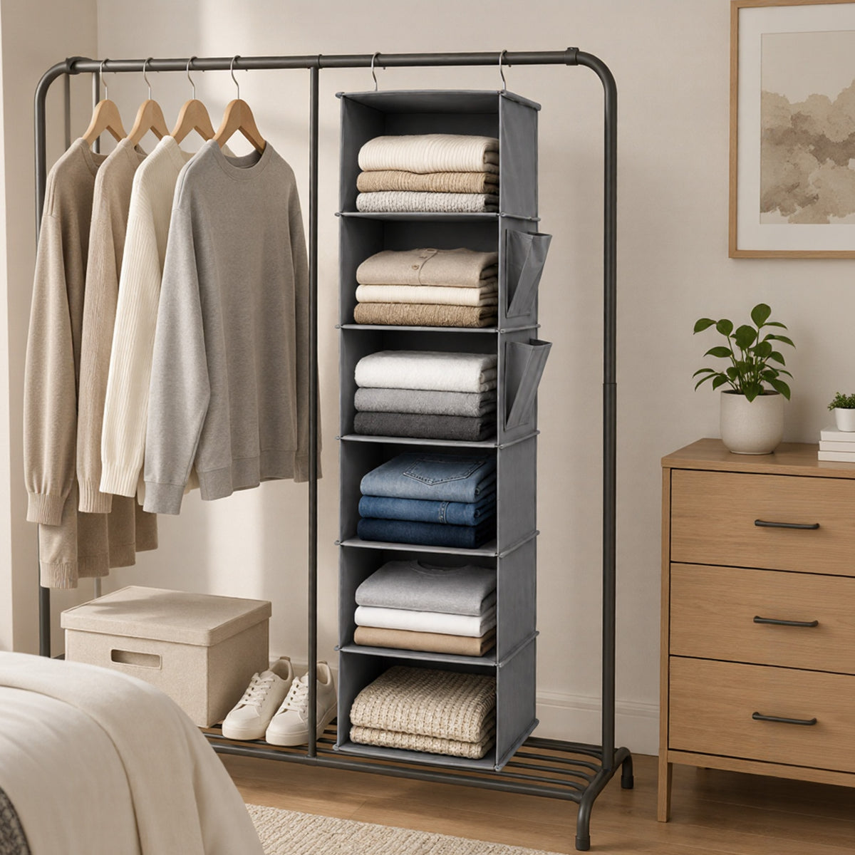 punada Hanging Closet Organizer, 6-Shelf Closet Hanging Storage Organizer with Side Pockets, Foldable Hanging Shelves for Clothes, Sweaters, Shoes and Accessories, Grey