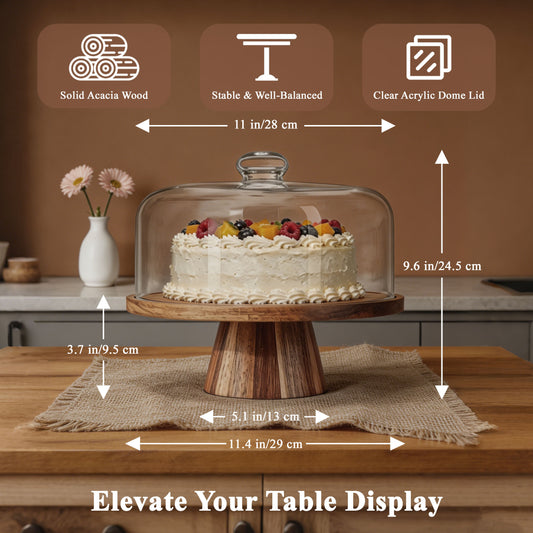 punada Acacia Wood Cake Stand with Lid, 11" Round Cake Stand with Acrylic Dome, 2-in-1 Dessert Display for Cake, Cheese, Chips, Fruit & Snacks