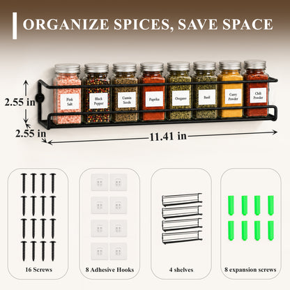 punada 4 Pack Wall Mounted Spice Rack, Space Saving Organizer for Kitchen Cabinet & Pantry Door, Screw or Adhesive Mount for Spice Jars, 11.41 x 2.55 x 2.55 in