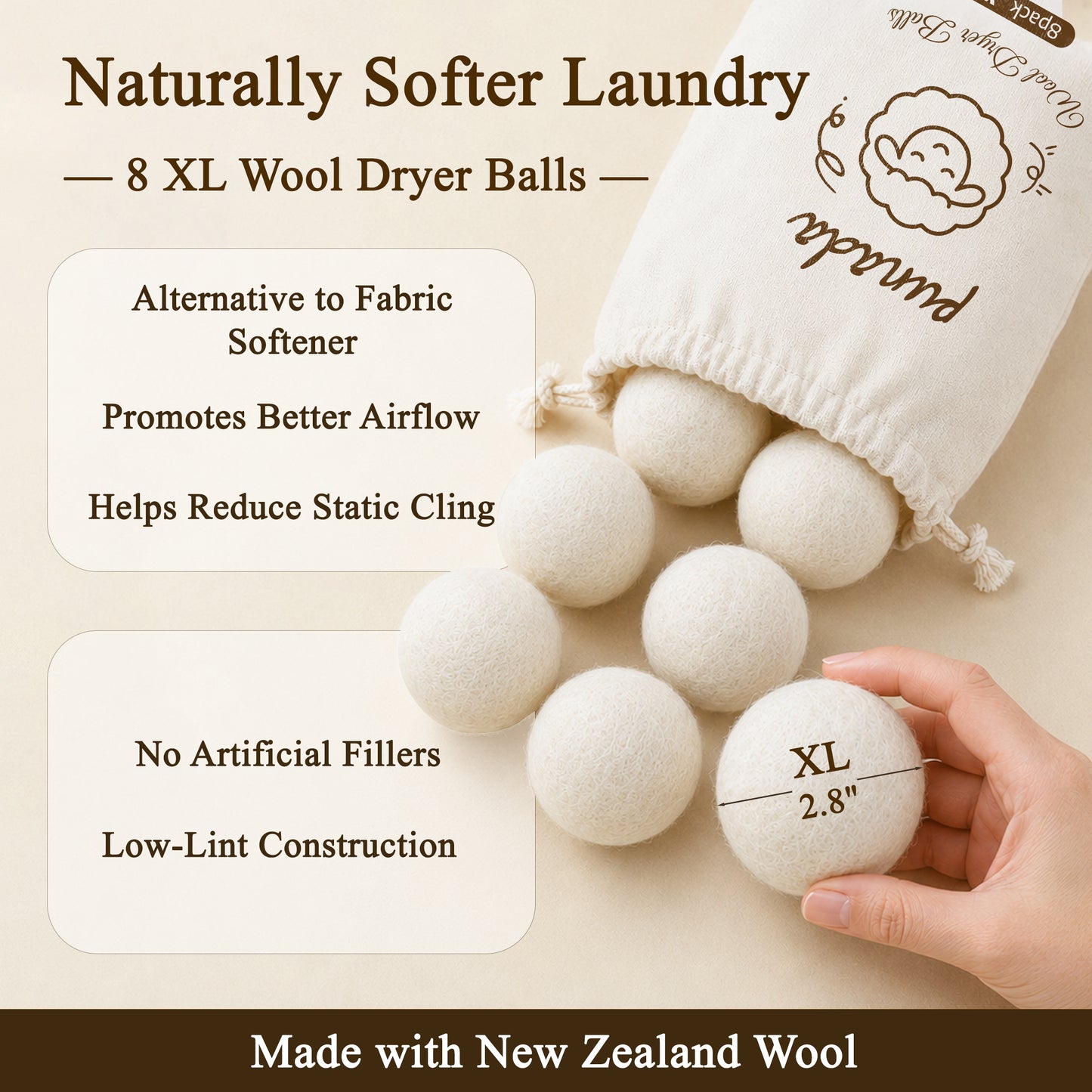 punada XL Wool Dryer Balls 8 Pack, Reusable Laundry Dryer Balls, Reduce Static & Wrinkles, Natural Fabric Softener, Faster Drying for Clothes Towels Bedding