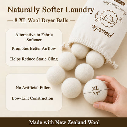 punada XL Wool Dryer Balls 8 Pack, Reusable Laundry Dryer Balls, Reduce Static & Wrinkles, Natural Fabric Softener, Faster Drying for Clothes Towels Bedding
