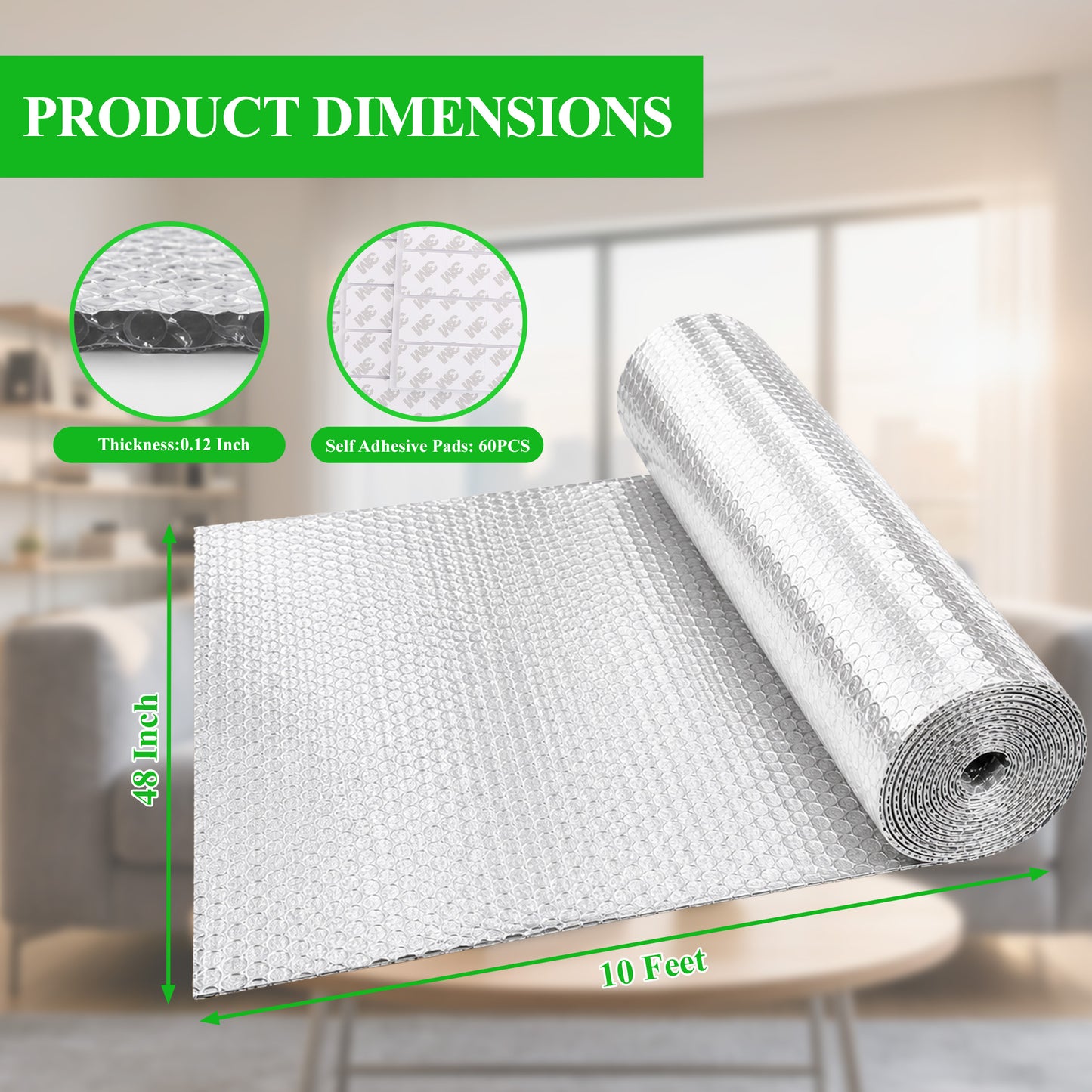 punada Reflective Insulation Roll, 48" x 10 Ft Double-Sided Aluminum Foil Bubble Insulation, Radiant Heat Reflective Insulation Sheet for Window, RV, Roof & Garage Door