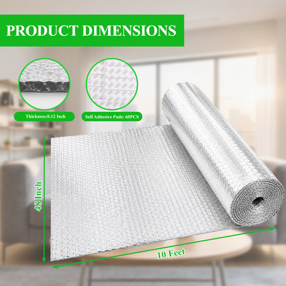 punada Reflective Insulation Roll, 48" x 10 Ft Double-Sided Aluminum Foil Bubble Insulation, Radiant Heat Reflective Insulation Sheet for Window, RV, Roof & Garage Door
