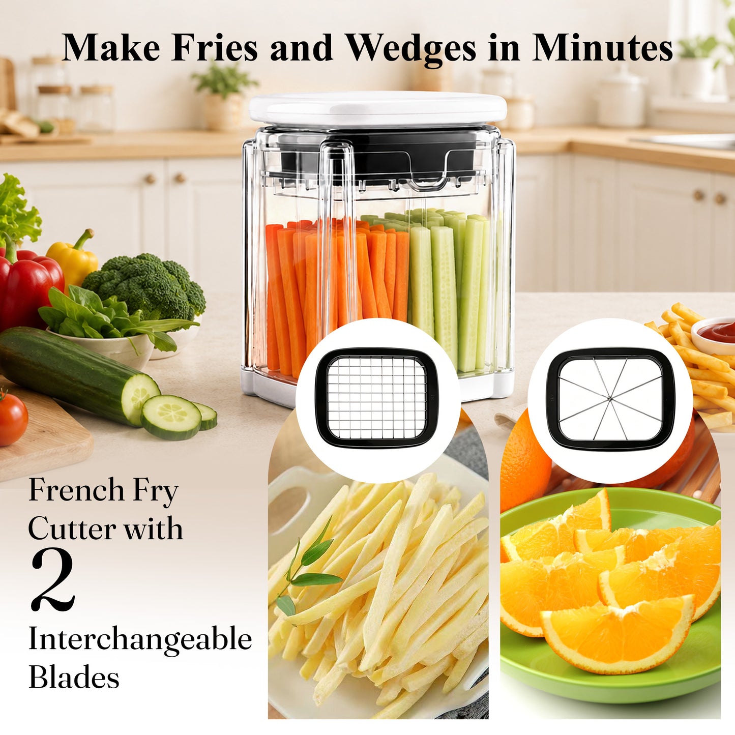 punada French Fry Cutter, Manual Potato Cutter with 2 Interchangeable Blades, Vegetable Chopper & Slicer for Potato, Onion, Carrot, Cucumber & Apple
