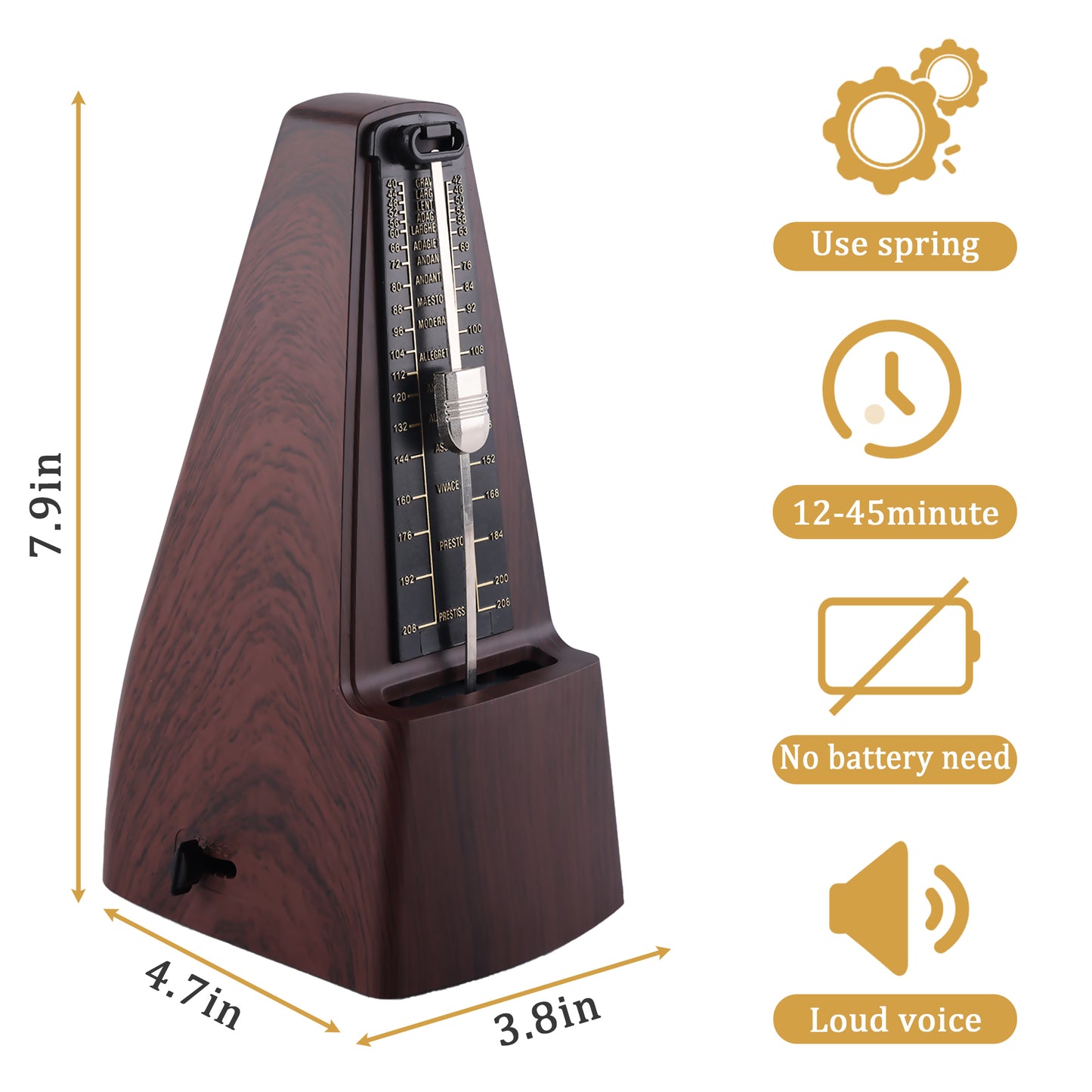 punada Mechanical Metronome for Piano Guitar, Wood Grained Loud Sound and Multiple Beat Modes, Accurate Beat for Beginners 1 Pack